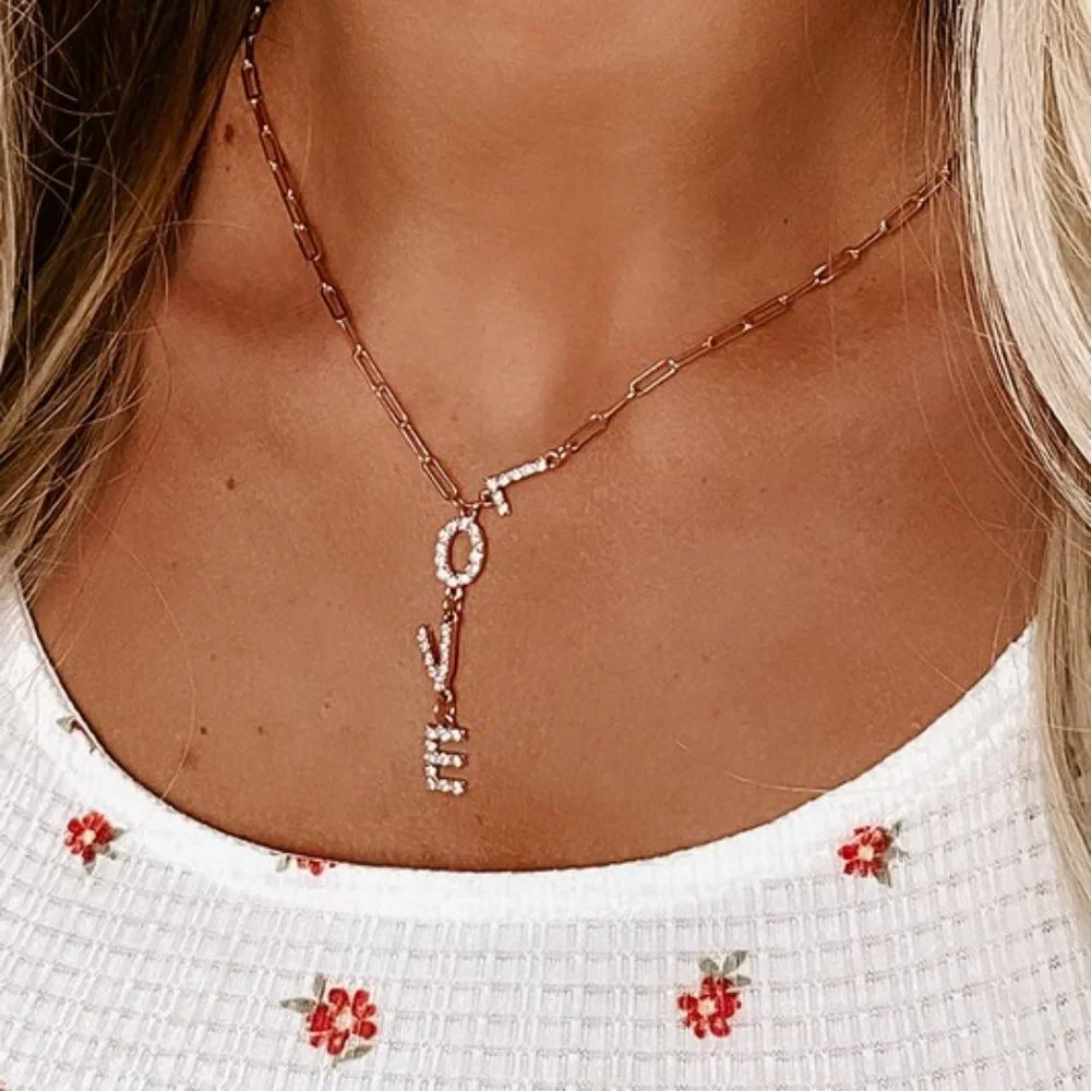 Love Rhinestone Lariat Necklace - Picture 1 of 1